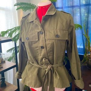 J. Crew army green denim cropped peplum jacket with tie waist, button-down